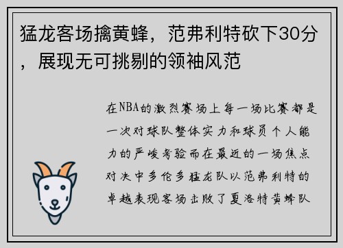 猛龙客场擒黄蜂，范弗利特砍下30分，展现无可挑剔的领袖风范
