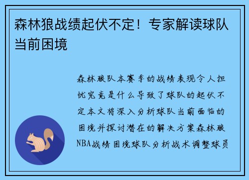 森林狼战绩起伏不定！专家解读球队当前困境